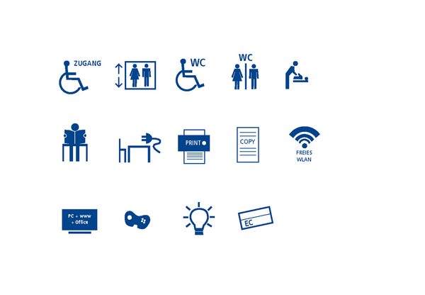 In der Kinder- und Jugendbibliothek ist barrierefreier Zugang möglich, es gibt einen Aufzug, Toiletten, barrierefreie Toilette, eine Wickelmöglichkeit, Lese- und Arbeitsplätze mit und ohne Steckdosen, freies KA-Wlan, Computer mit Internetanschluss und MS-Office-Programmen, Drucker, Kopierer, Konsolen zum Spielen vor Ort, Energiesparpakete zum Ausleihen, EC-Karten-Zahlung ist möglich