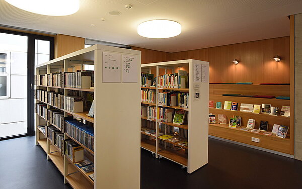 In der oberen Etage findet sich die Lesetreppe. Ein Bereich der wie eine Treppe anmutet, auf dem es sich jedoch gemütlich sitzen lässt weil die Stufen sehr breit, tief und holzverkleidet sind. Im Vordergrund stehen zwei große Bücherregale