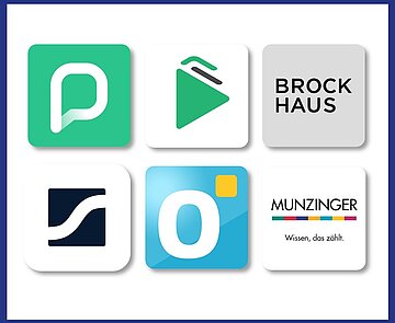 Hier sind sechs Logos von ein paar unserer digitalen Angebote zu sehen: Von Pressreader, der Onleihe, Brockhaus, Tigerbooks, Filmfriend und Munzinger.