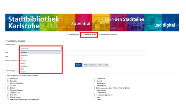 Scrennshot des Bibliothekskatalogs, die "Experten-Suche" ist rot umkreist