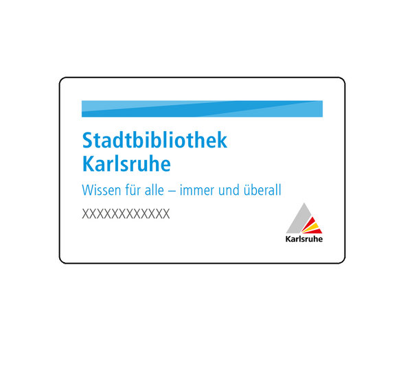 Das Bild zeigt unseren weißen Bibliotheksausweis mit blauer Schrift und Logo der Stadt Karlsruhe