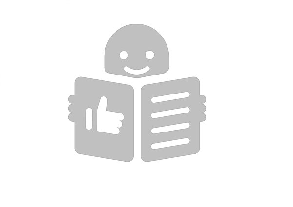 Ein graues Piktogramm, das eine lachende Person darstellt, die ein Buch hält auf dem vorne eine Hand mit Daumen nach oben abgebildet ist.