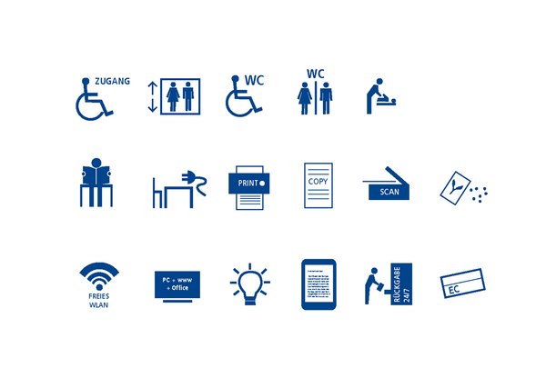 Im Neuen Ständehaus ist barrierefreier Zugang möglich, es gibt einen Aufzug, Toiletten, barrierefreie Toiletten, eine Wickelmöglichkeit, Lese- und Arbeitsplätze mit und ohne Steckdosen, freies KA-Wlan, Computer mit Internetanschluss und MS-Office-Programmen, Drucker, Scanner, Kopierer, Energiesparpakete und E-Book-Reader zum Ausleihen, einen Rückgabeautomaten außerhalb des Hauses (Rückgaben rundum die Uhr möglich), EC-Karten-Zahlung ist möglich und die Saatgutbibliothek befindet sich im Haus