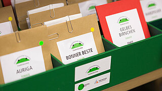 Nahaufnahme des verpackten Saatguts in Tütchen mit Beschriftung der Sorten in einer grünen Box
