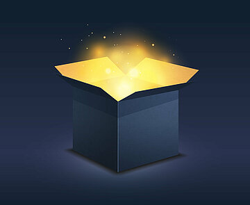 Blue box with magic golden light on dark
