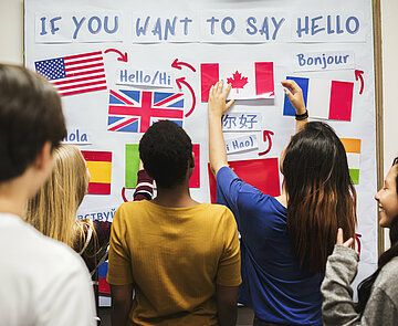 Jugendliche stehen mit dem Rücken zur Kamera gewandt vor einem Whiteboard an dem verschiedenen Landesflaggen hängen (USA, Großbritannien, Kanada, Frankreich, Spanien), oben drüber steht "If you want to say hello" und über den jeweiligen Flaggen auf Landessprache das Wort Hallo