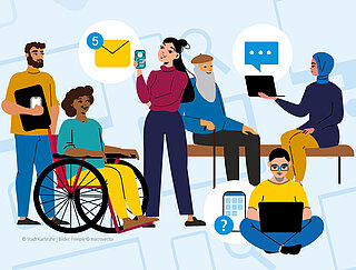 Illustration Menschen verschiedenen Alters, mit und ohne Rollstuhl, mit verschiedenen Haut- und Haarfarben sitzen oder stehen in einer Gruppe zusammen. Einige Menschen haben ein Smartphone, Tablet oder Laptop in der Hand.