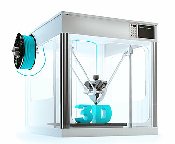 3D-Drucker vor weißem Hintergrund. Im Drucker wird eine türkise 3D-Figur gedruckt