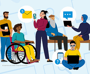 Illustration Menschen verschiedenen Alters, mit und ohne Rollstuhl, mit verschiedenen Haut- und Haarfarben sitzen oder stehen in einer Gruppe zusammen. Einige Menschen haben ein Smartphone, Tablet oder Laptop in der Hand.