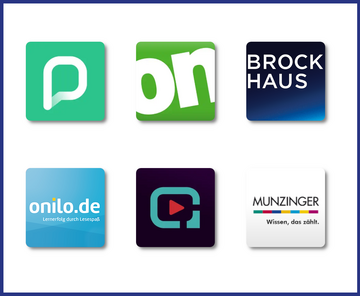 Hier sind sechs Logos von ein paar unserer digitalen Angebote zu sehen: Von Pressreader, der Onleihe, Brockhaus, Tigerbooks, Filmfriend und Munzinger.
