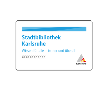Das Bild zeigt unseren weißen Bibliotheksausweis mit blauer Schrift und Logo der Stadt Karlsruhe