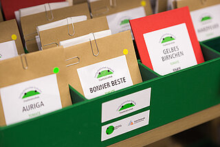Nahaufnahme des verpackten Saatguts in Tütchen mit Beschriftung der Sorten in einer grünen Box